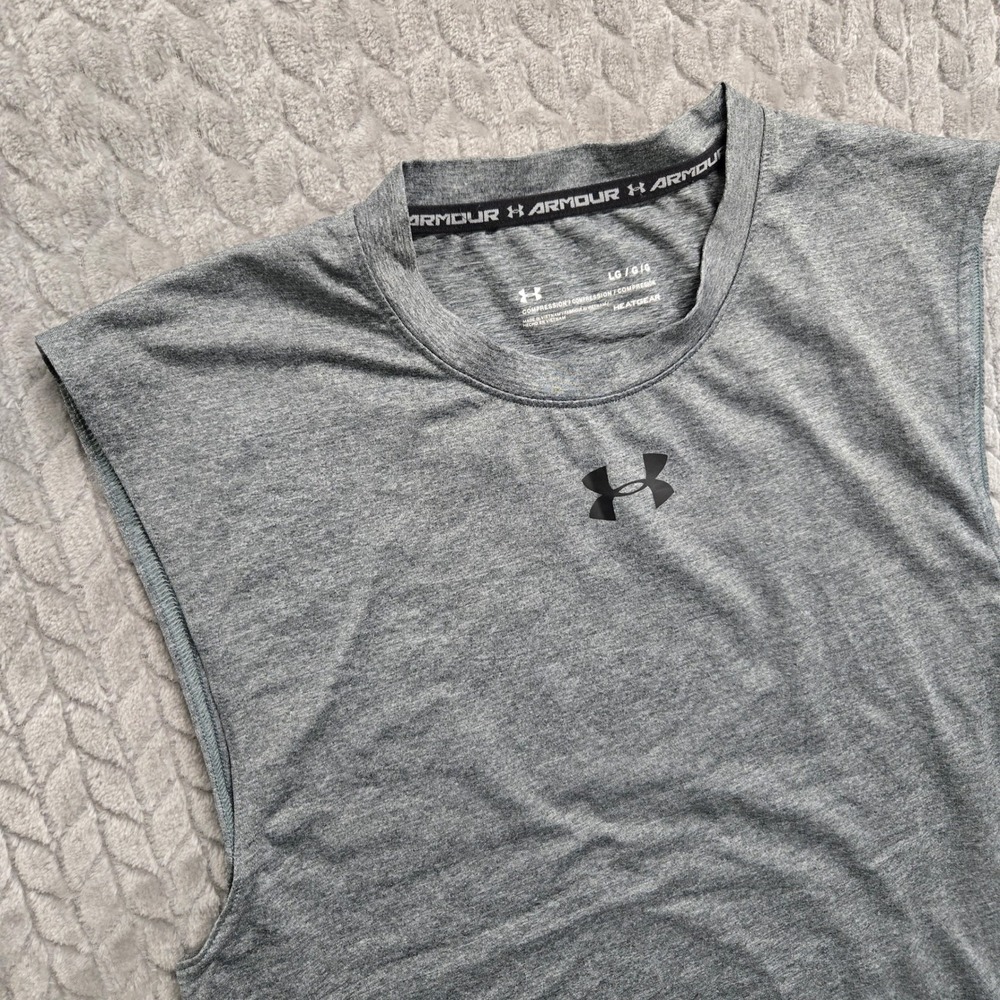 Under Armour Mens HeatGear Compression Sleeveless Shirt LG Gray Athletic Workout